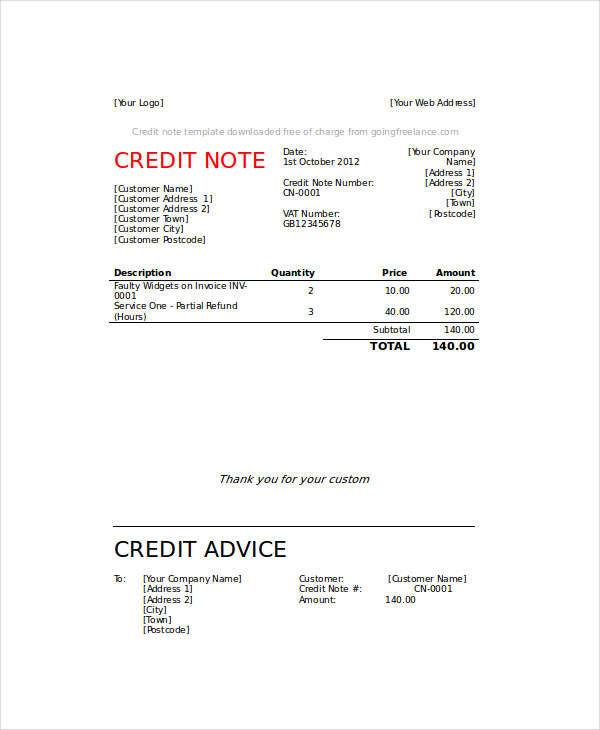 blank credit note