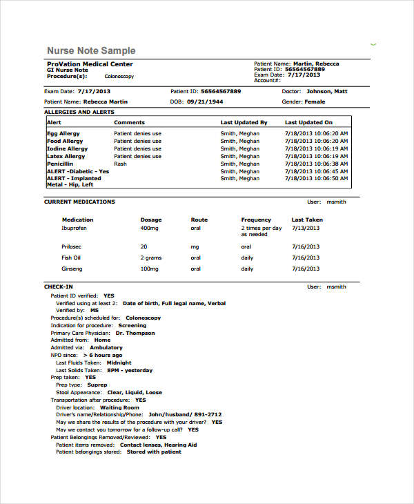 Example Of Nurses Notes In A Chart