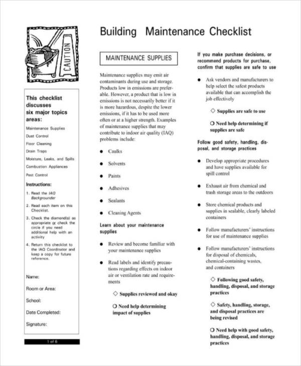 Maintenance Checklist 22 Examples Format Pdf Examples