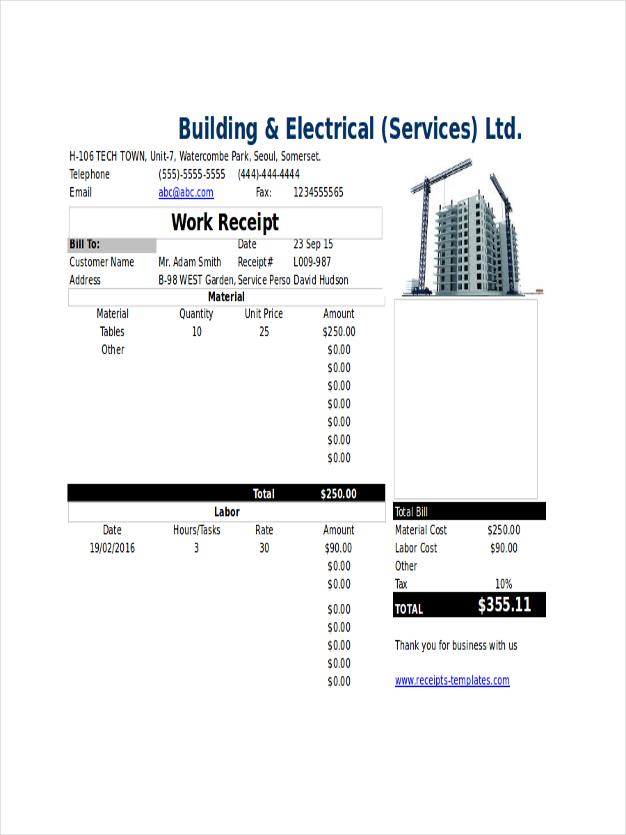 building work receipt example