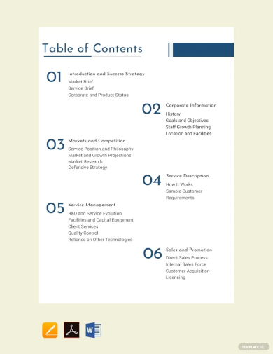 business plan table of contents template