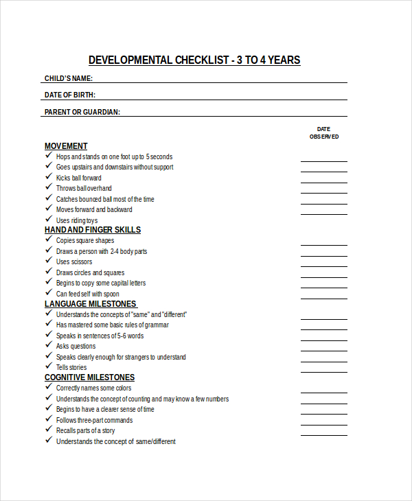 Printable Developmental Checklist