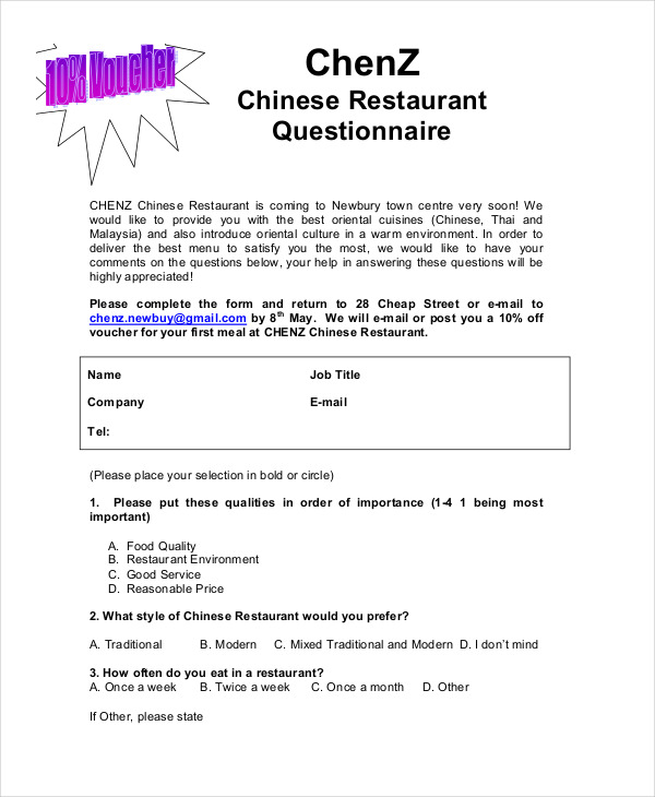 questionnaire for restaurant business plan