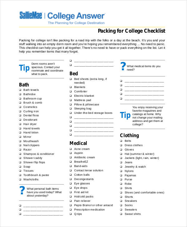 college packing checklist