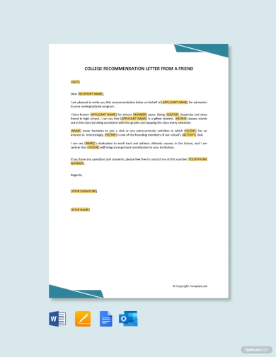 college recommendation letter form a friend template
