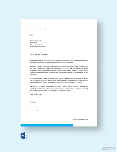 community service recommendation letter template