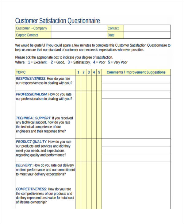 Questionnaire for Customer Satisfaction - 7+ Examples, Format, Pdf ...