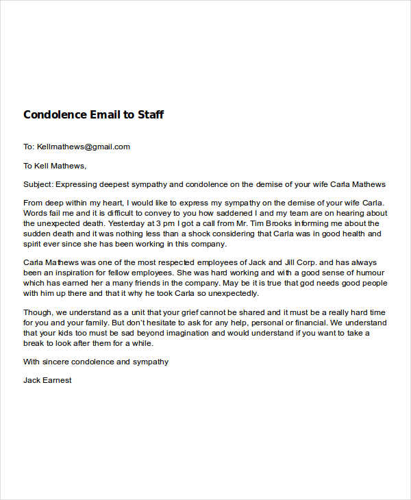 condolence email to employee