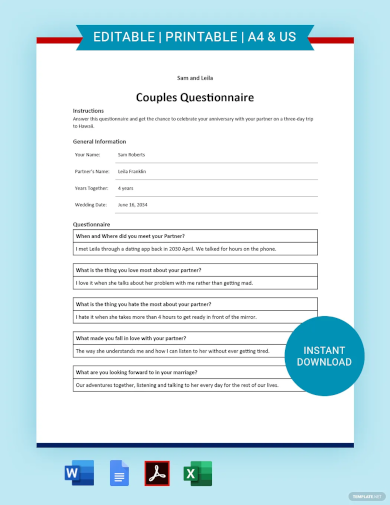 couples questionnaire template