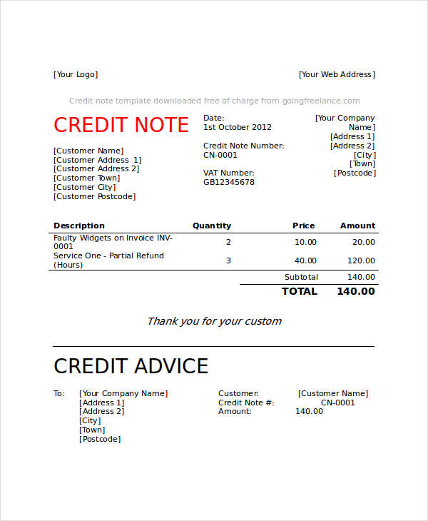 Credit Note - 8+ Examples, Format, Word, Google Docs, Google Sheets