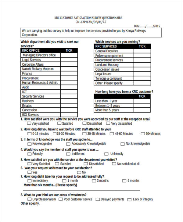FREE 7+ Examples of Questionnaire for Customer Satisfaction in PDF