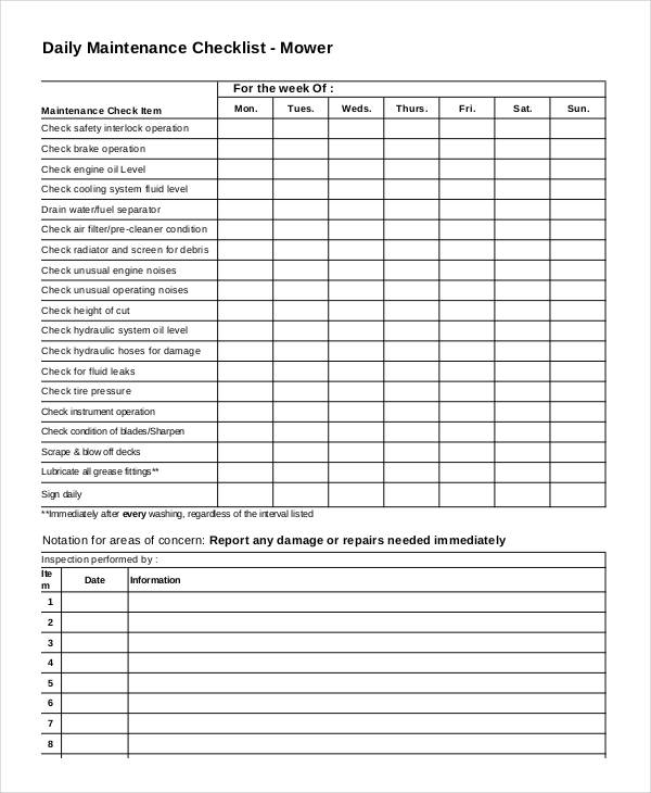 Maintenance Checklist 22+ Examples, Format, Pdf Examples