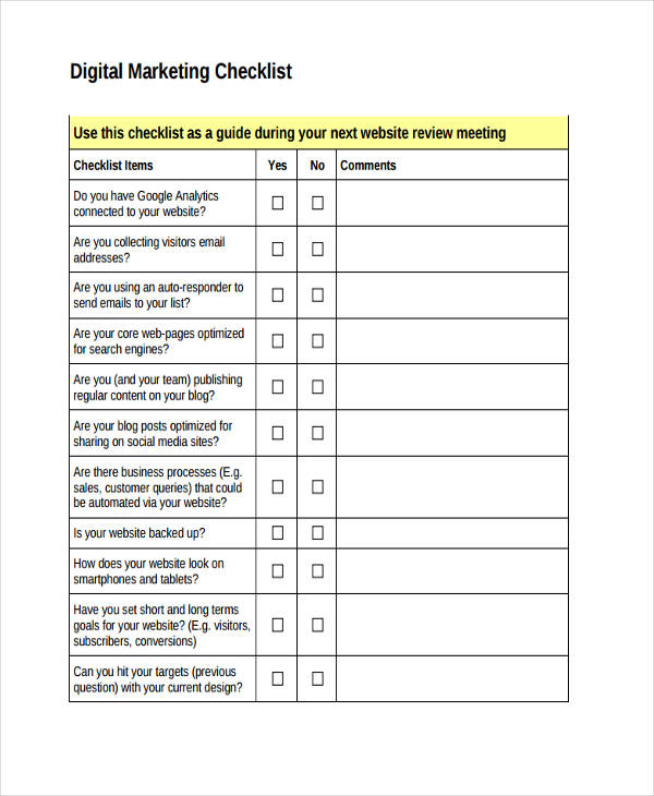 Marketing Checklist Examples 18+ Samples in MS Word Pages Google