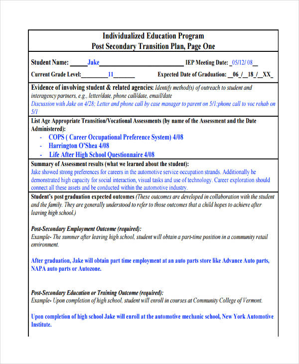 Special Education Student Transition Plan Template