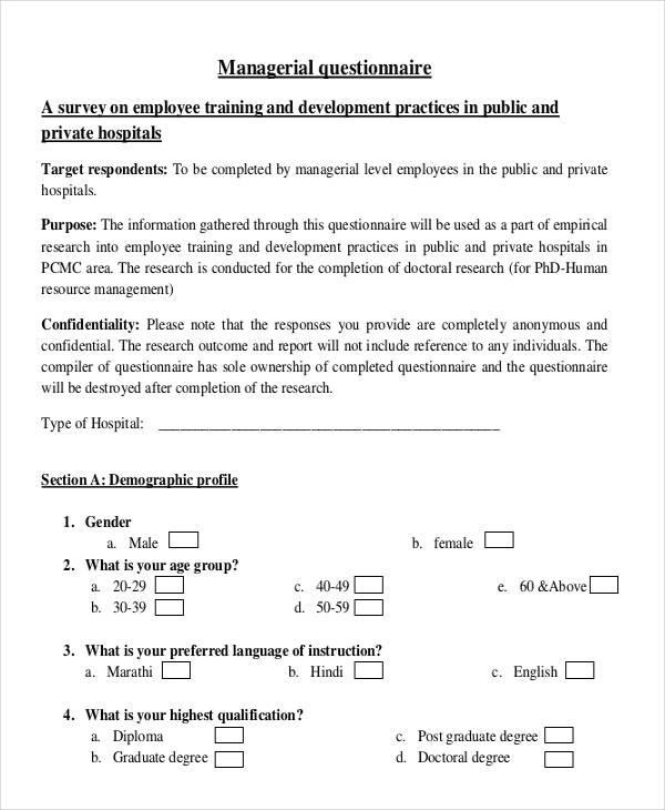 Example of questionnaire in english