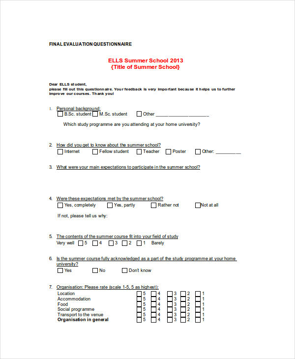 final evaluation questionnaire