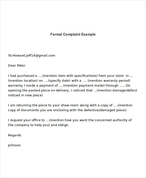 Formal Complaint Example