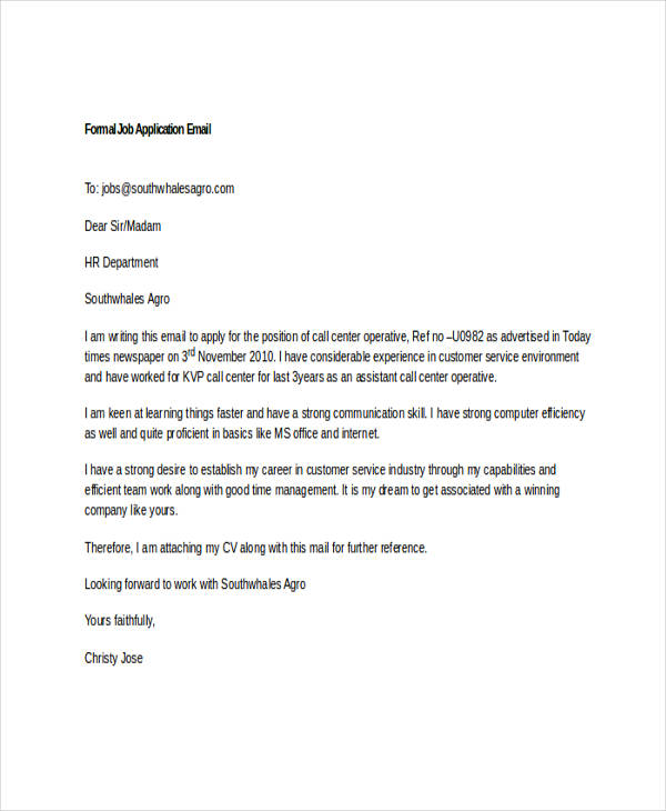 Job Application Email Sample Sample Cover Letter For Job Application   Formal Email1 