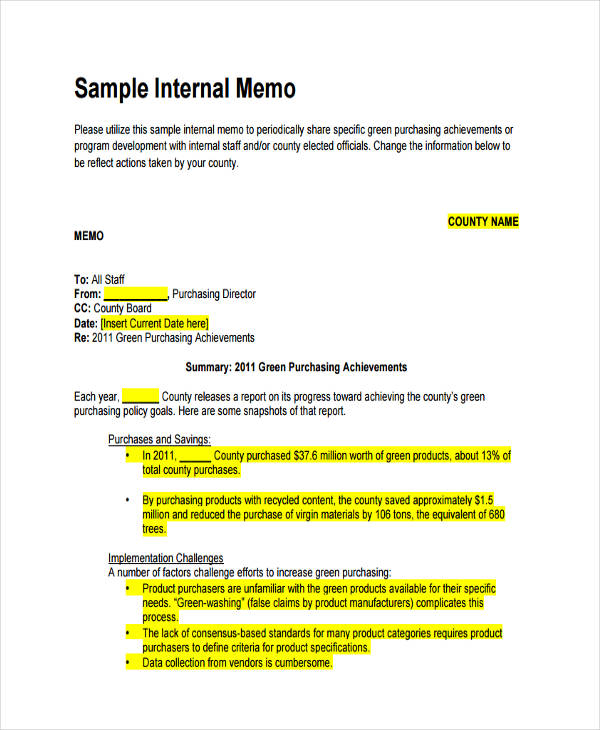 Formal Internal Memo Sample