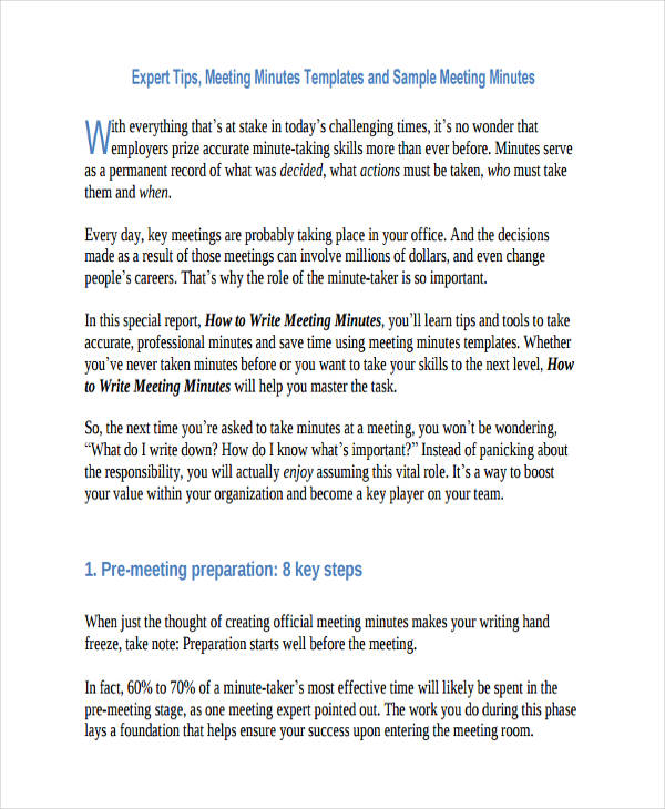 Minutes Meeting Writing - 13+ Examples, Format, Pdf | Examples