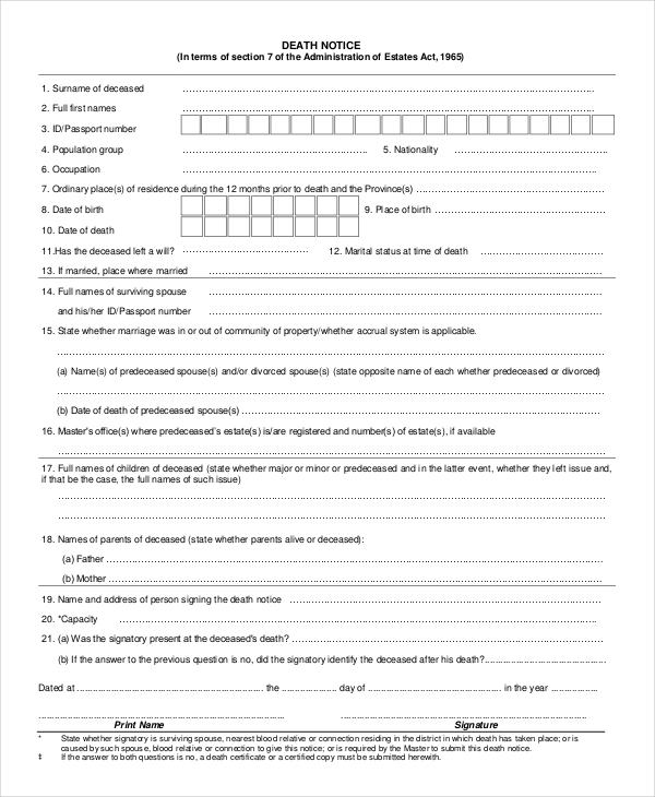Deceased Notification Of Death Letter Template