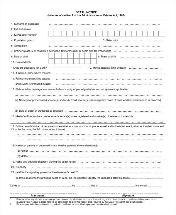 Bereavement Notice Sample HQ Template Documents