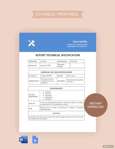 free report technical specification template