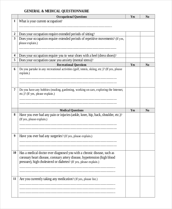 general physical questionnaire