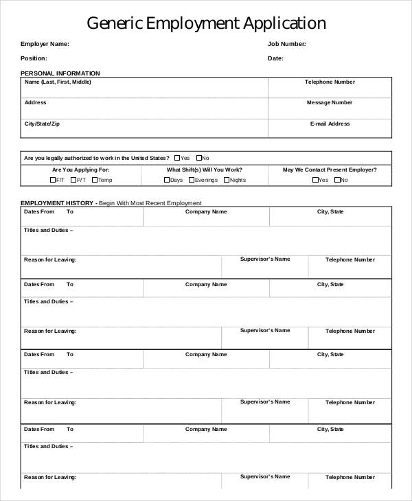 generic application for employment