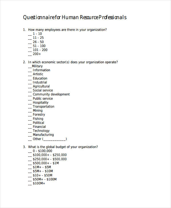 hr questionnaire for professionals