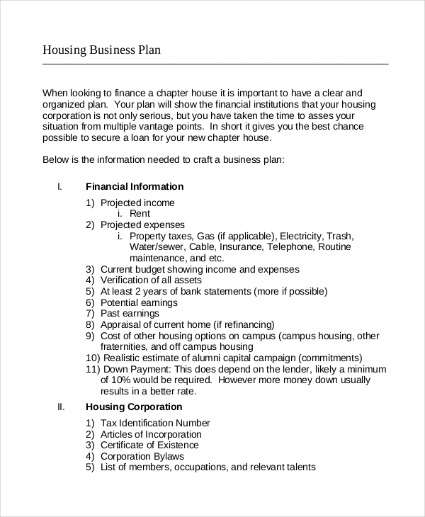 Sample Business Plan For Housing Development