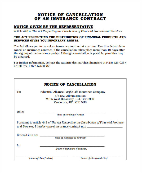 30 Day Notice Of Cancellation Endorsement Form Number