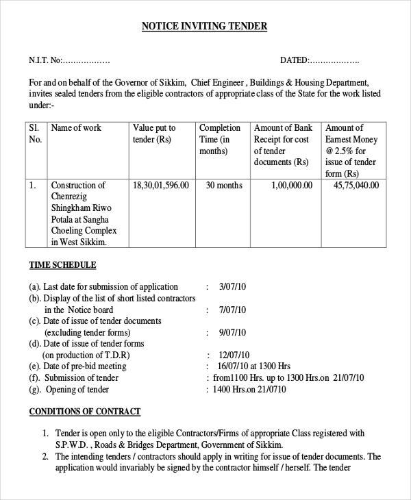 format job government application form for Examples Notice & Tender Samples Examples 8