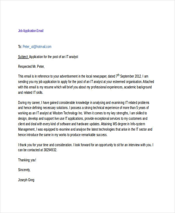 example of email job application letter