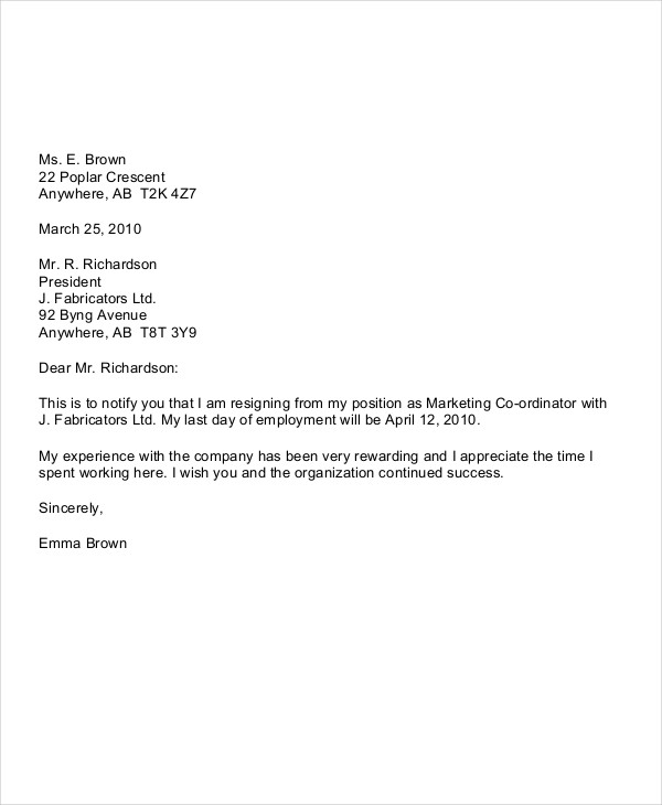 Job Notice Example - Sample Resignation Letter