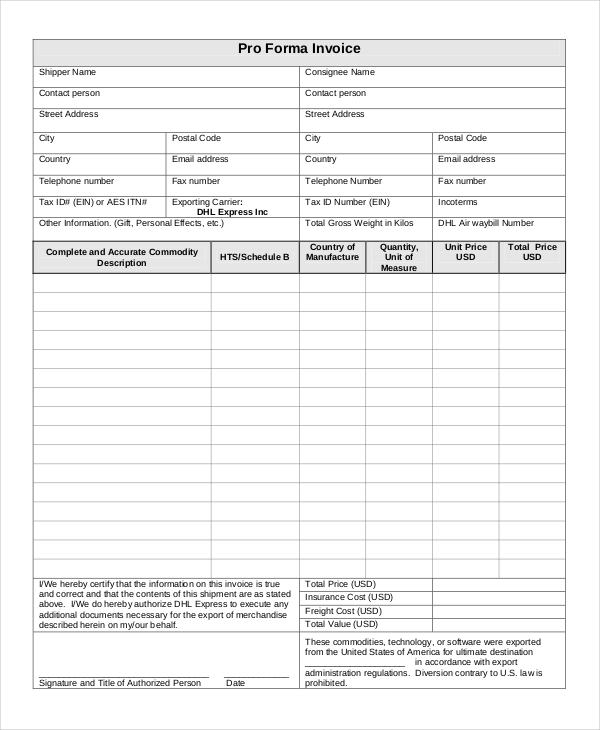 proforma invoice template excel