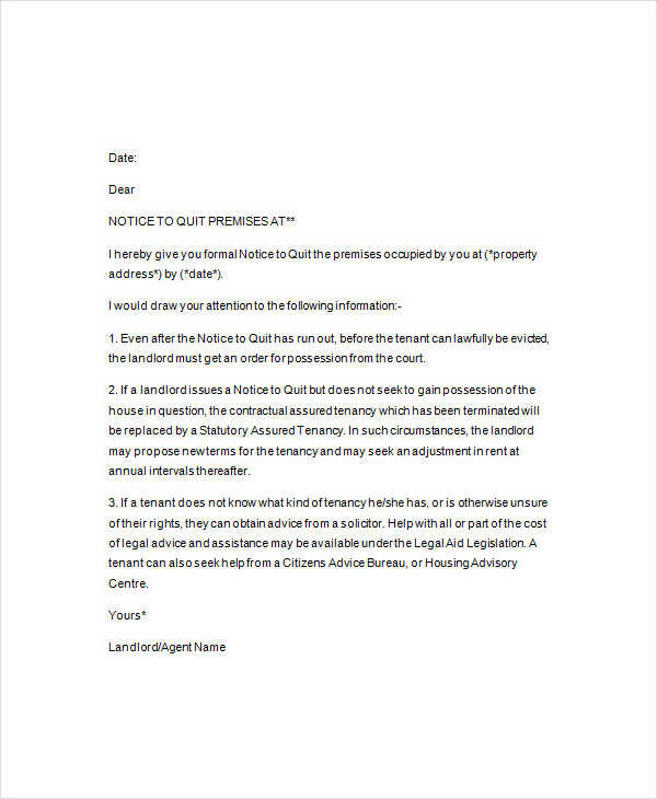 how to write a notice to quit tenancy letter