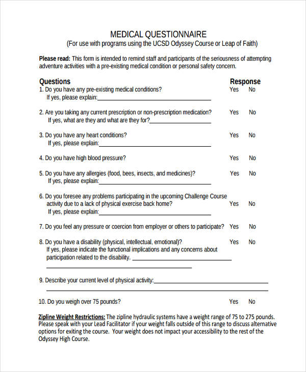 medical questionnaire template