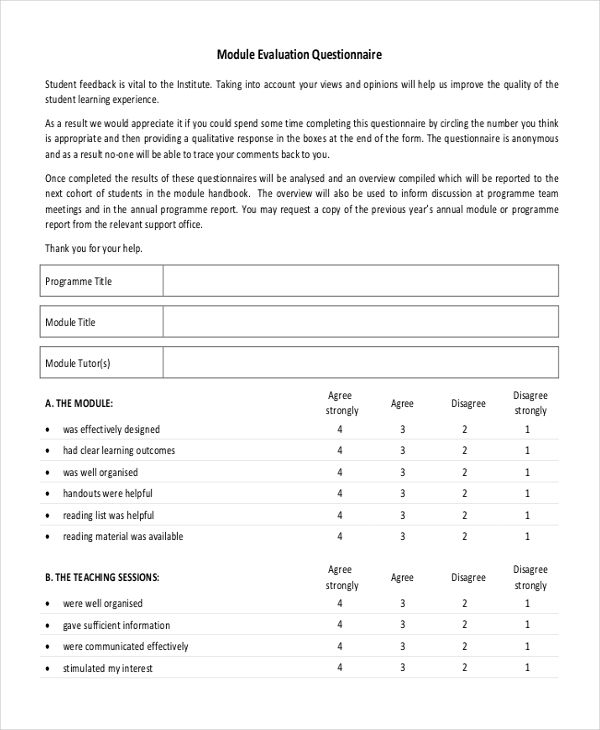 FREE 10+ Evaluation Questionnaire Examples &amp; Samples in ...