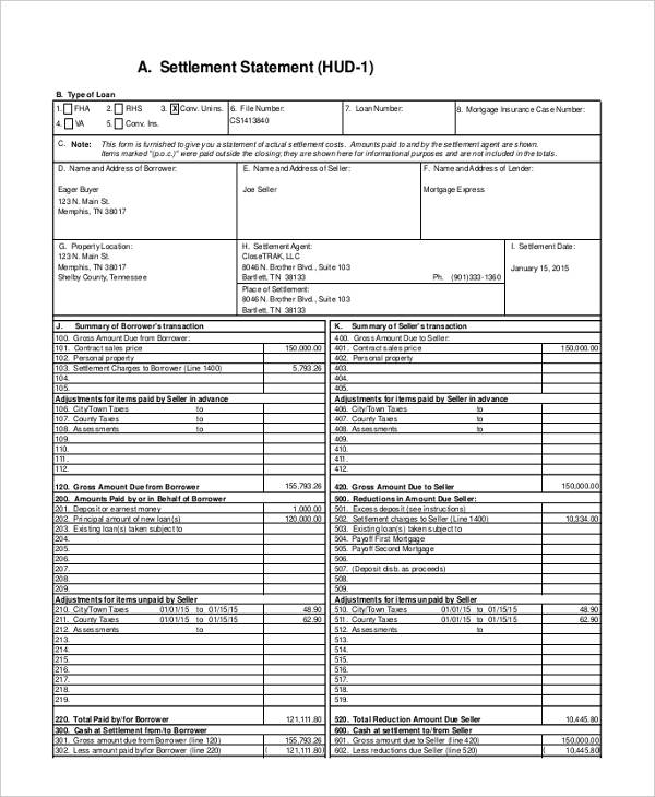 Mortgage Settlement Statement