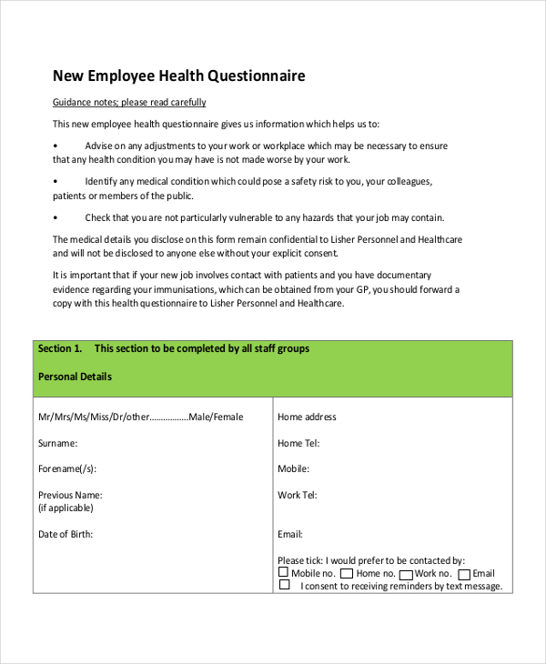 new employee questionnaire
