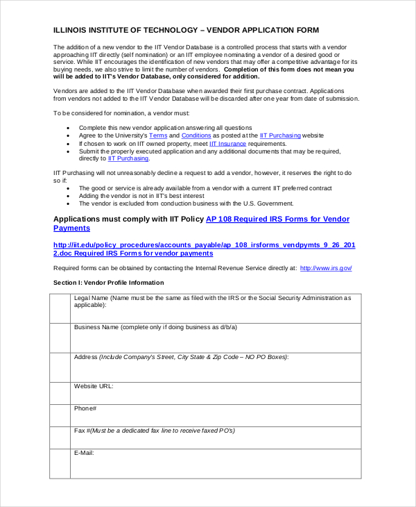 Vendor Application - 9+ Examples, Format, Pdf | Examples