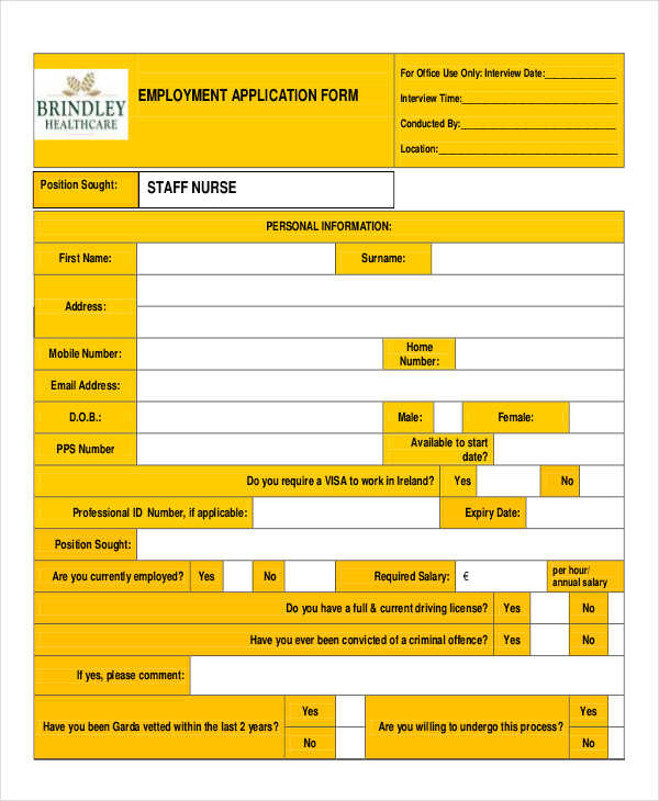 nursing employment application