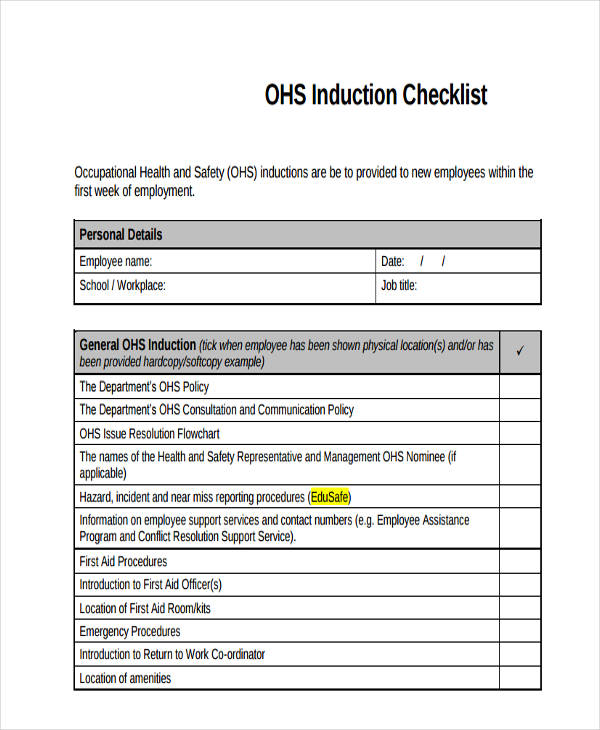 ohs induction checklist
