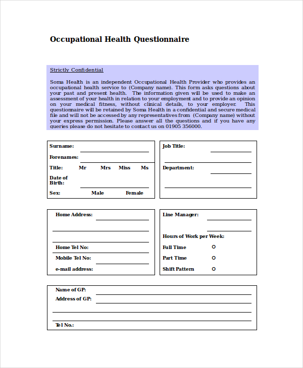 Employee Health Questionnaire Template