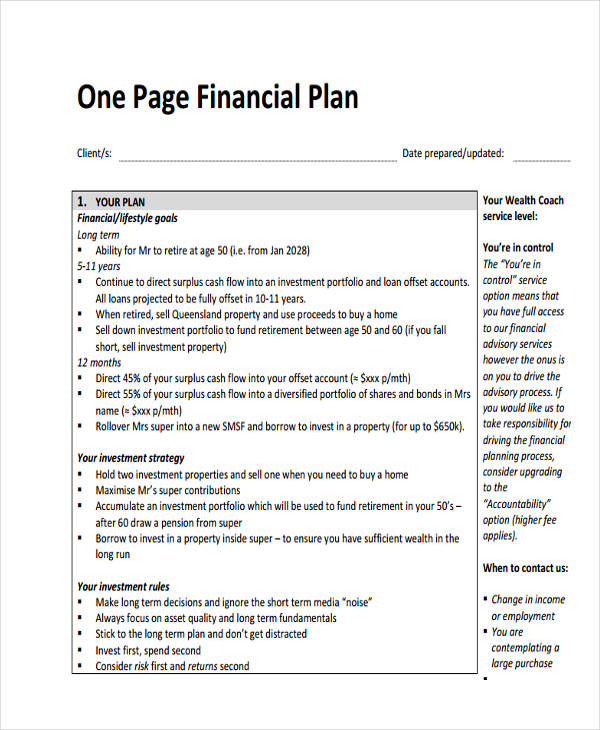 one page financial plan