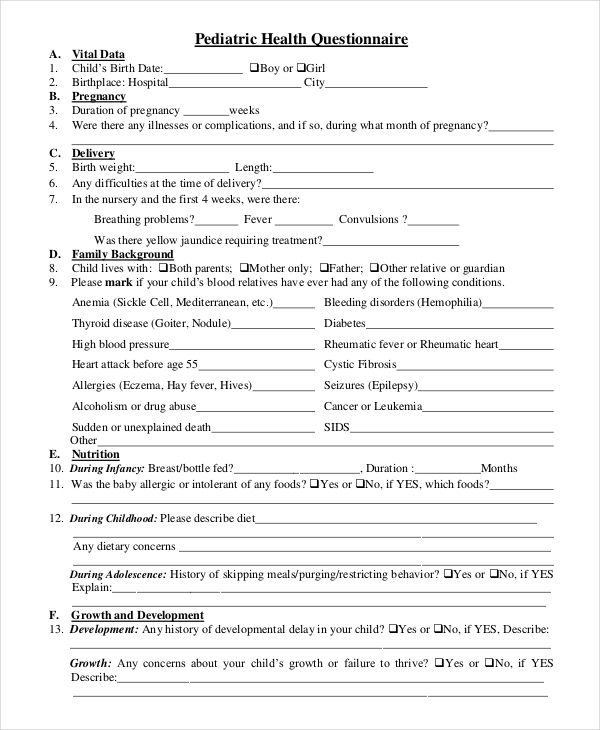 Health Questionnaire 35 Examples Format Pdf Tips