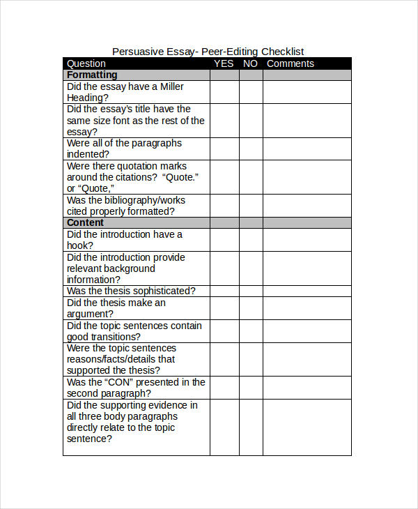 Persuasive Essay Editing Checklist