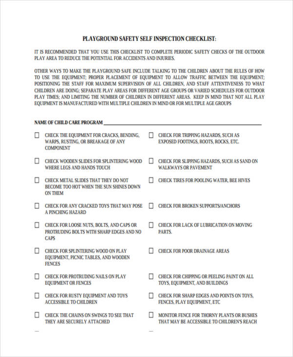 Playground Daily Safety Checklist Printable Pdf Download - Bank2home.com