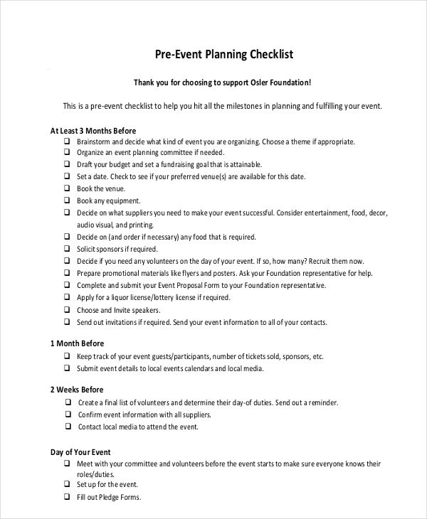 pre event checklist